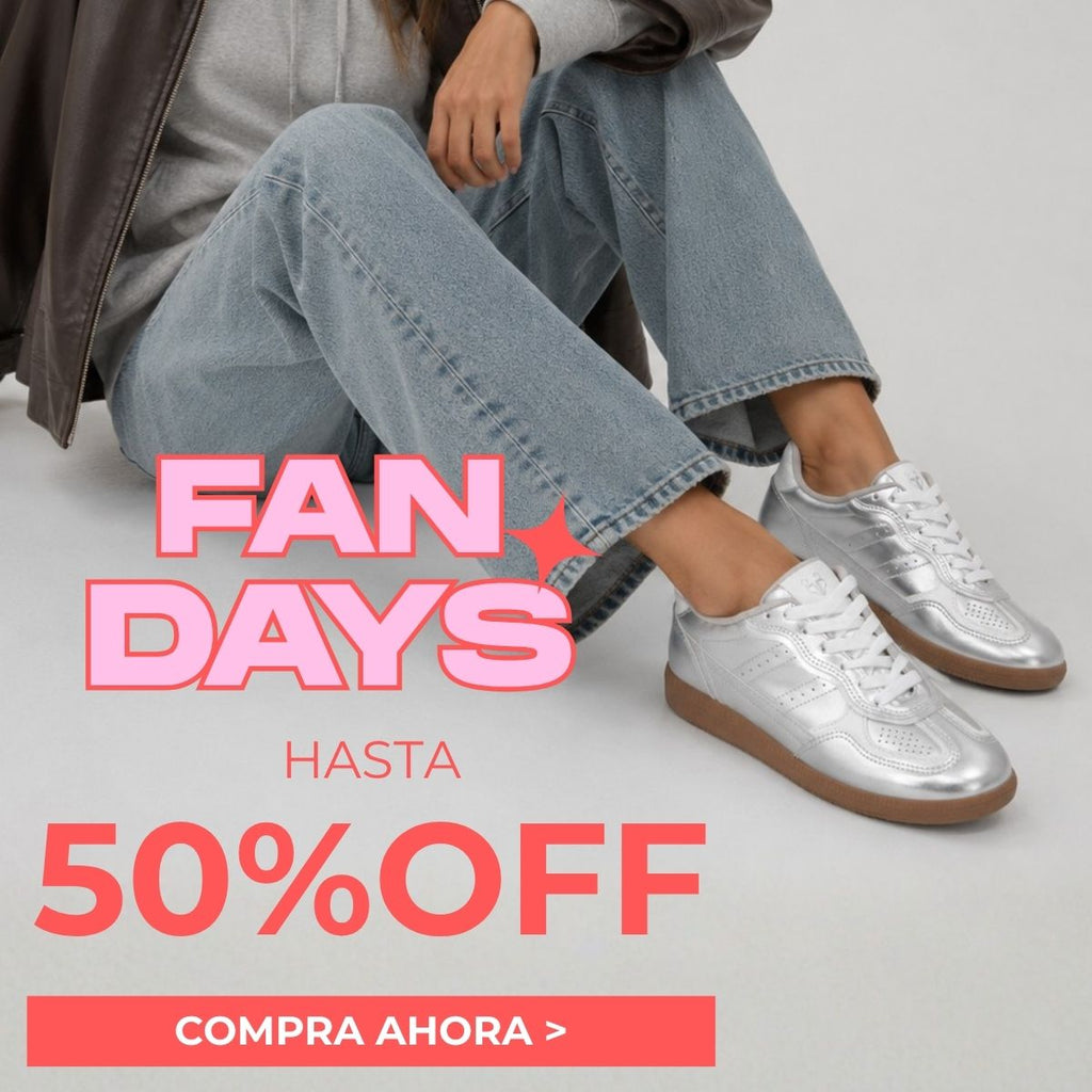 Promoción Fan Days con hasta 50% de descuento en zapatillas plateadas para mujer, combinadas con jeans claros sobre fondo neutro.