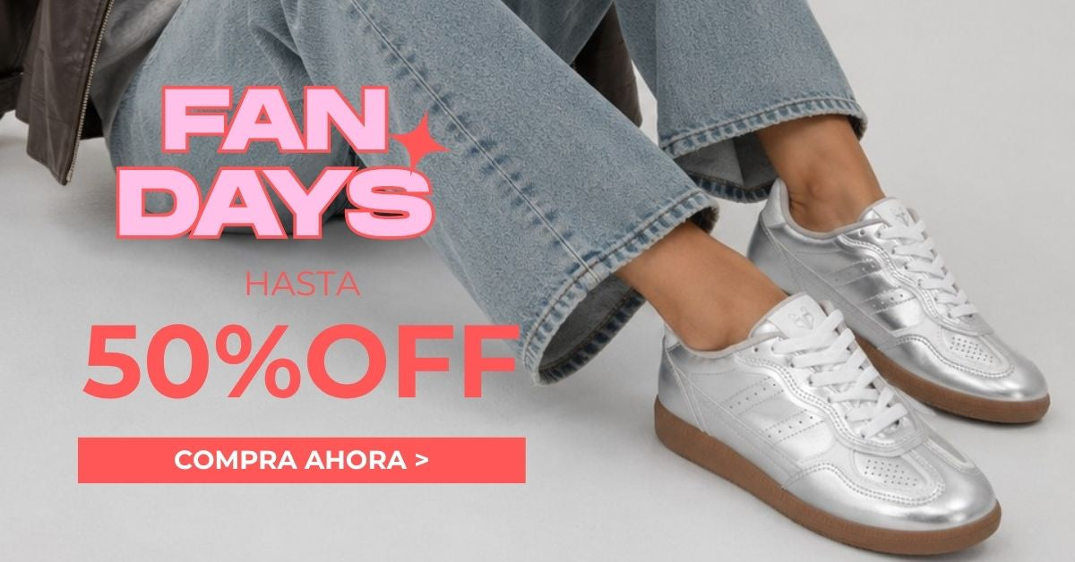 Promoción Fan Days con hasta 50% de descuento en zapatillas plateadas para mujer, combinadas con jeans claros sobre fondo neutro.