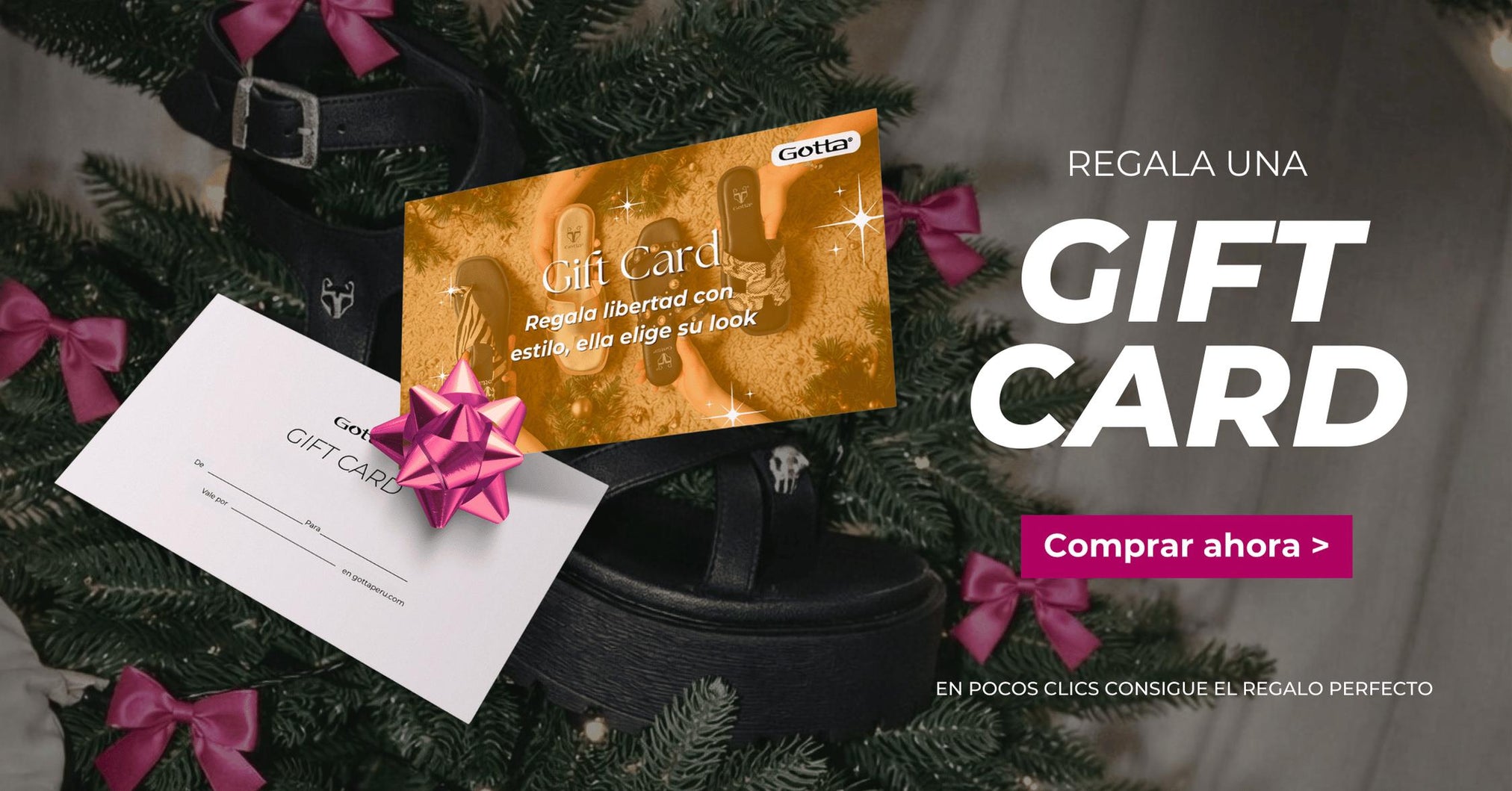 Gift Card Gotta como regalo navideño, con tarjeta dorada, lazo rosa y sandalias negras rodeadas de ramas de pino.