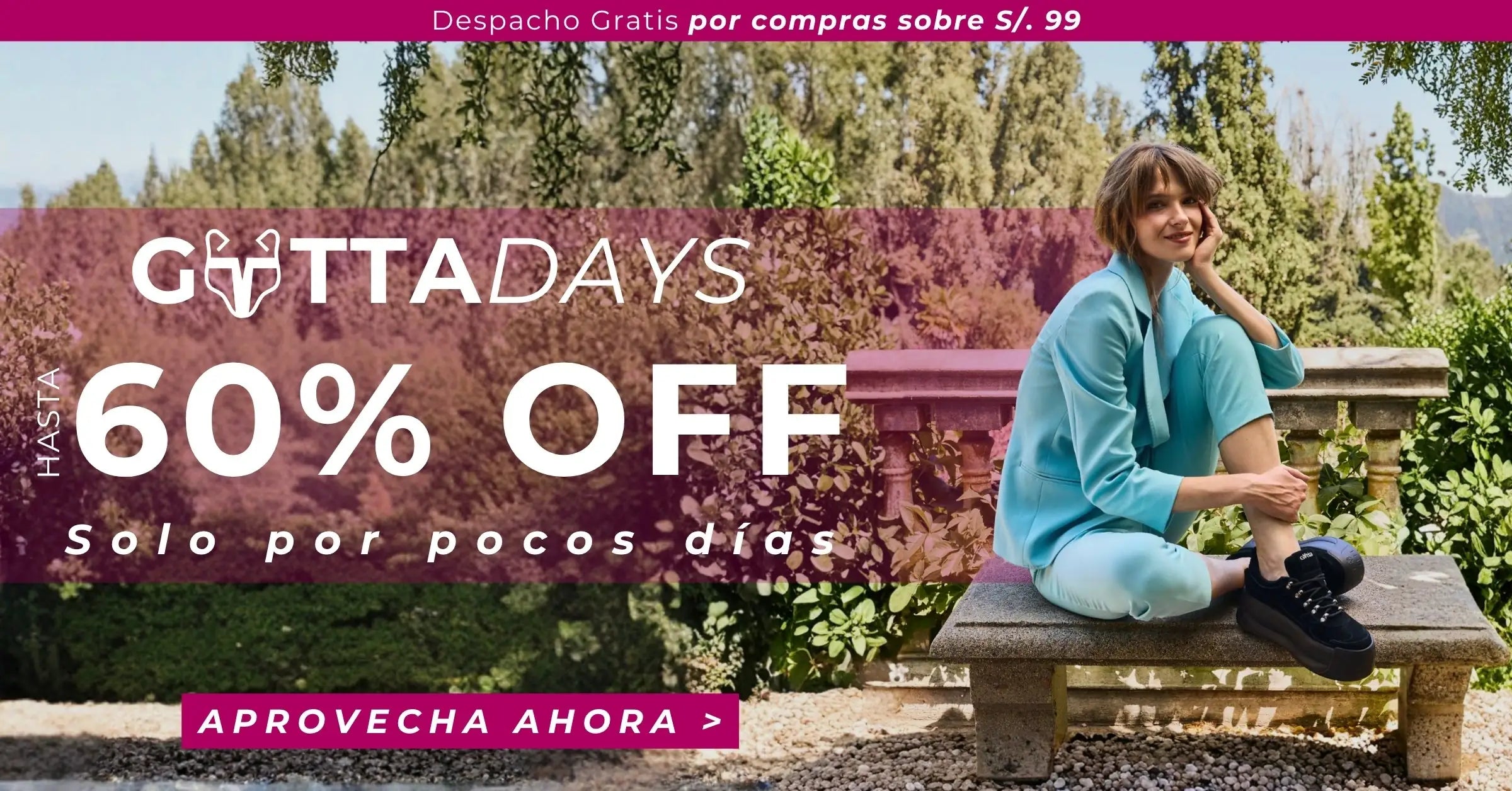 Promoción Gotta Days con hasta 60% de descuento en zapatillas para mujer, modelo sentado en banca al aire libre