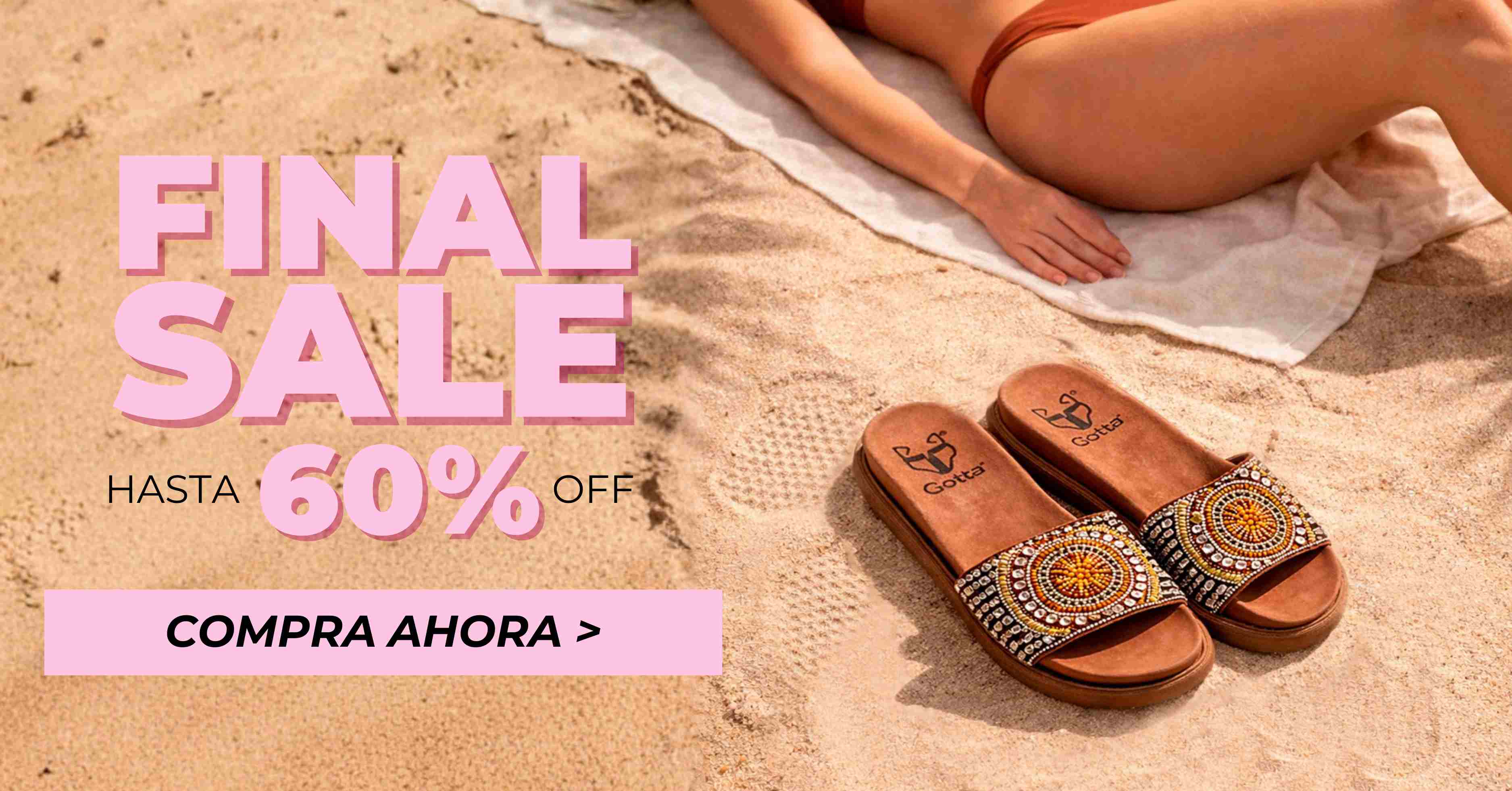 Sandalias de mujer marca Gotta en oferta Final Sale con hasta 60% de descuento, modelo verano con diseño bordado sobre arena.
