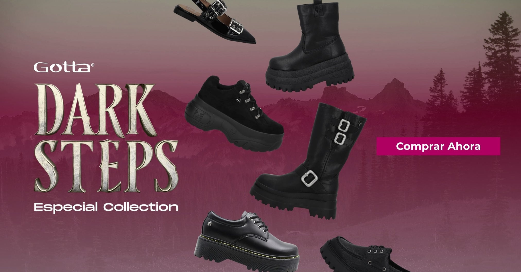 La colección de zapatos negros Merlina refleja un estilo gótico y elegante con toques rebeldes. Diseños únicos que elevan cualquier look con personalidad desktop 